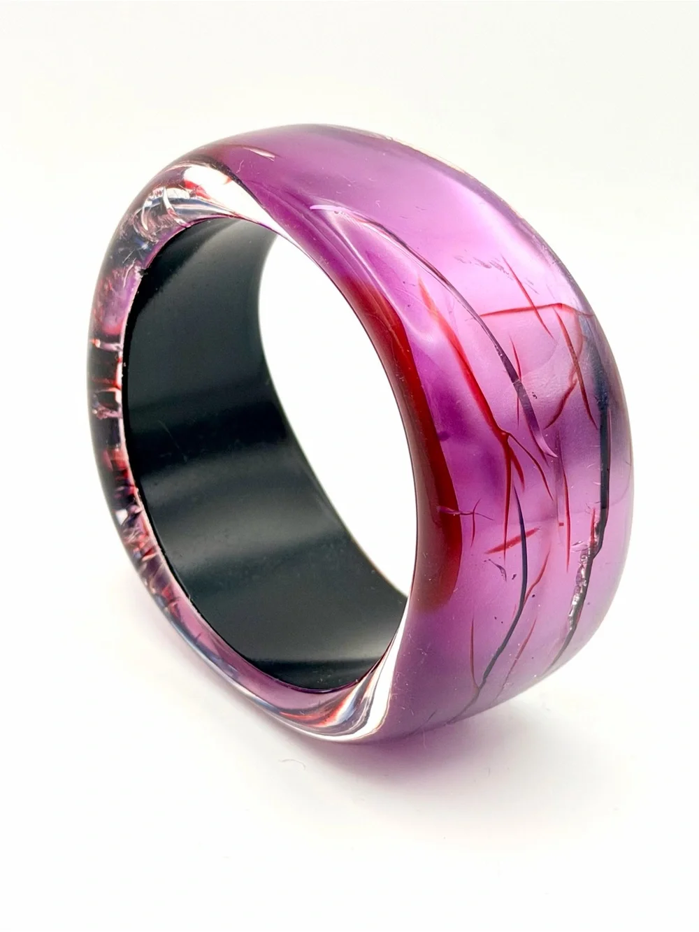 Vintage Purple Resin Bangle Bracelet with Red and Black Vein Accents